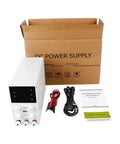 Beefy Adjustable Lab Power Supply 30V 10A Voltage Regulator With 110V 220V AC Input, accessories, and box displayed