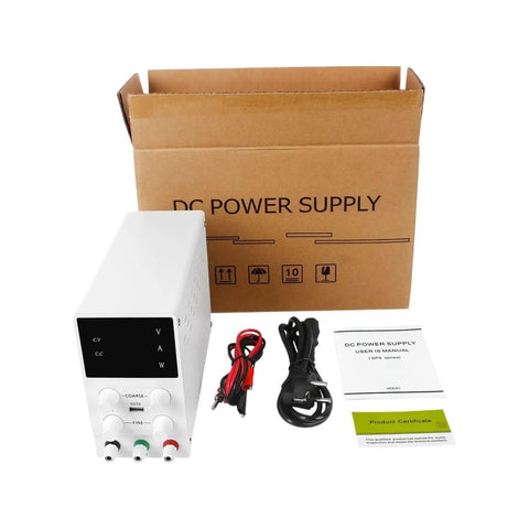 Beefy Adjustable Lab Power Supply 30V 10A Voltage Regulator With 110V 220V AC Input, accessories, and box displayed