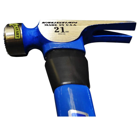 Close-up of California Framer Fiberglass Hammer With Milled Face, 21-Ounce Weight, Epoxy-Sealed Eye, made in USA marking.