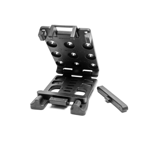 Tough As Nails USA Made Belt Clip Attachment For Concealed Carry Holsters Magazine Pouches And Tactical Knife Sheaths Equipped With Dual Locking Plus Full Hardware Kit, showing black glass-filled nylon clip, open for use.