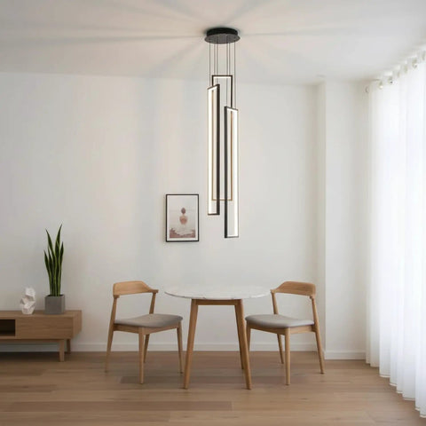 Sleek Modern LED Chandelier With Three Lights Black Kitchen Island Pendant For Living Room Dining Room Foyer Remote Dimmable High Ceiling Fixture 33 Inch Tall 6 Inch Wide