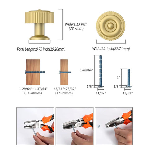 Diagram of 10 Pack Brushed Gold Cabinet Knobs With Ribbed Zinc Alloy Hardware For Furniture, detailing measurements and installation
