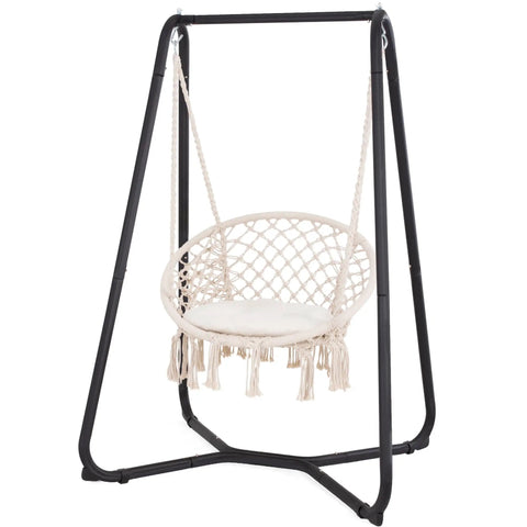 Patio Swing Chair With Stand And Cushion Heavy Duty Hanging Chair For Backyard Or Bedroom 330 Lbs Capacity Beige Comfy Outdoor Seat For Reading And Relaxing Patent Pending