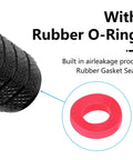 Close-up of black tire valve stem cap with red rubber O-ring gasket, part of 4 Pack Tire Valve Stem Caps Made From Durable Aluminum Alloy With Rubber Seal Universal Fit For Cars, SUVs, Trucks, And Motorcycles Prevent Deflation Dust Moisture Black.