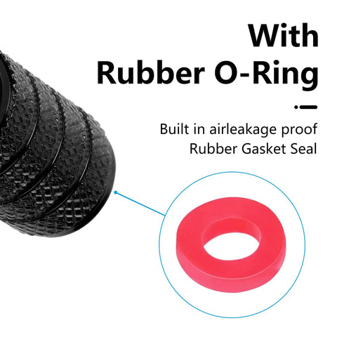 Close-up of black tire valve stem cap with red rubber O-ring gasket, part of 4 Pack Tire Valve Stem Caps Made From Durable Aluminum Alloy With Rubber Seal Universal Fit For Cars, SUVs, Trucks, And Motorcycles Prevent Deflation Dust Moisture Black.