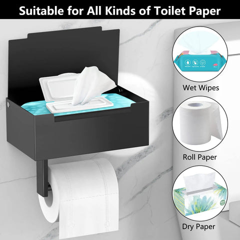 Matte Black Stainless Steel Toilet Paper Holder With Shelf And Wipes Dispenser for Bathroom Wall Mount with wipes and paper roll shown