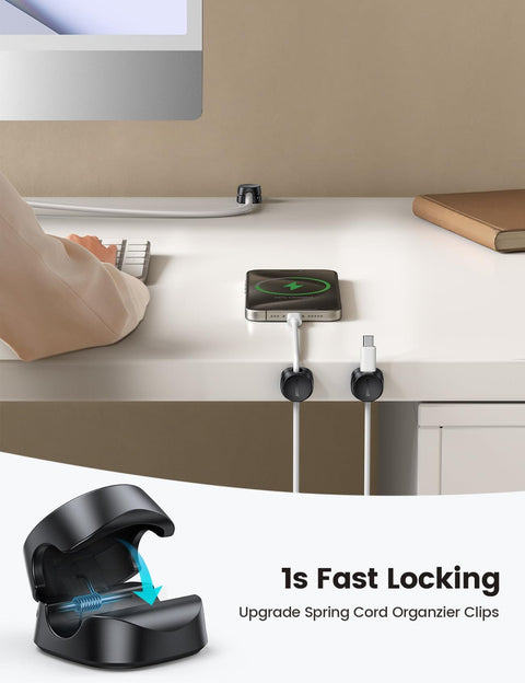 Spring Lock Cable Clips 6 Pack For Desk Nightstand Wall Car Office Cord Management Adhesive Wire Organizer For Phone Chargers installed on desk with cables secured in black clips.