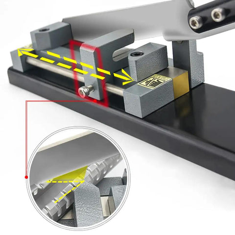 Close-up of Open Slot Wire Duct Cutter Tool for PVC Ducts with 45 and 90 Degree Angled Cuts Burr Free, metal construction details