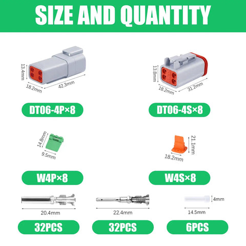 Diagram showing components of Waterproof 4 Pin Wire Connector Kit 102 PCS, 8 Sets With Stamped Terminals And Seal Plugs.