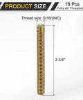 16 Pack Fully Threaded Rods 5/16 Inch UNC Thread 2-3/4 Inch Length Zinc Plated Silver Carbon Steel For Furniture Mounting Heavy Duty Hardware Fasteners DIY Projects shown in product size with 16 pieces label.