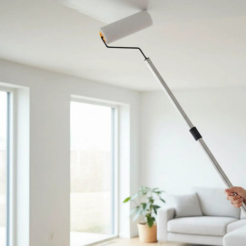 Legit Game Changer Paint Roller Kit With Extendable Stainless Steel Pole painting ceiling in bright room.