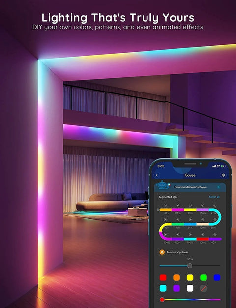 Govee RGBIC LED strip lights, 16.4 ft, color-changing, app-controlled smart lighting for living room.