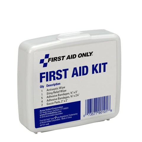 Front view of white plastic First Aid Only first aid kit with blue label.