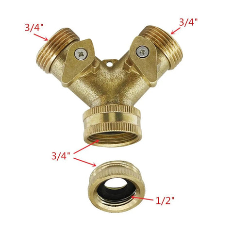 Heavy Duty Solid Brass Y Shaped Valve Two Way Water Splitter Faucet Adapter With Ball Control For Garden Irrigation and Smooth Pipe Connections That Really Hold Up Tight, showing 3/4" and 1/2" fittings.
