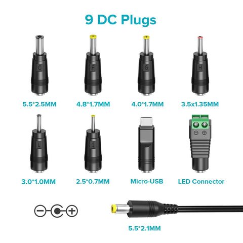 Universal AC DC Power Adapter 12W with 8 tips 5.5x2.1mm and 5.5x2.5mm micro USB output for routers, speakers, CCTV, LED lights
