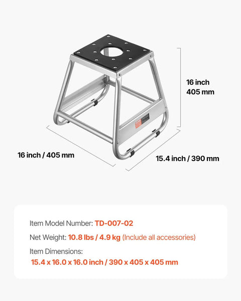 Beefy Dirt Bike Stand With 1100 LB Load Capacity And 16 Inch Universal Fit Lift Heavy Duty Non Slip Off Road Steel Maintenance Stand For Motorcycle And Powersports, dimensions labeled