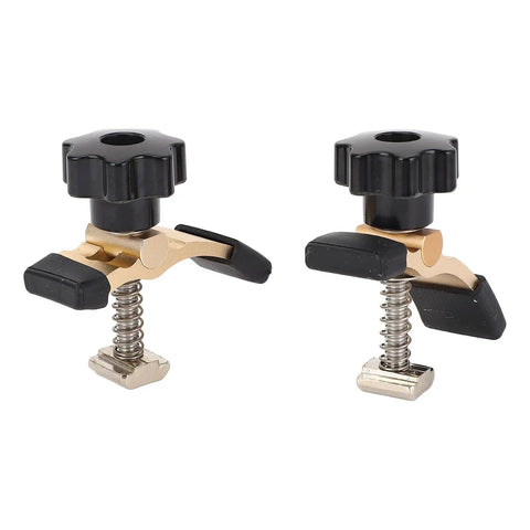 Ultra-Cool Compact T-Track Hold Down Clamps For 3018 Series CNC Router, metallic gold and black clamps.