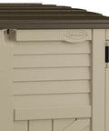 Close-up of Horizontal Outdoor Storage Shed for Trash Cans and Gear, Compact 34 Cu Ft Capacity, Lockable Multi Wall Resin Organizer in Sand and Slate