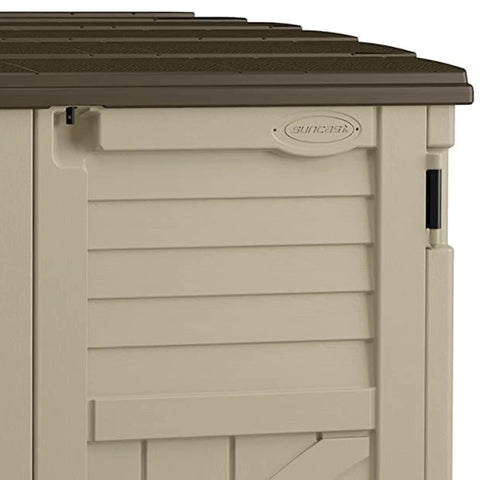 Close-up of Horizontal Outdoor Storage Shed for Trash Cans and Gear, Compact 34 Cu Ft Capacity, Lockable Multi Wall Resin Organizer in Sand and Slate