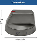 Premium 5 Pack Black Stainless Gas Range Knobs Replacement dimensions and close-up for high end ovens and stoves.