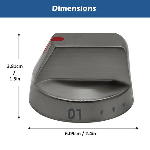 Premium 5 Pack Black Stainless Gas Range Knobs Replacement dimensions and close-up for high end ovens and stoves.