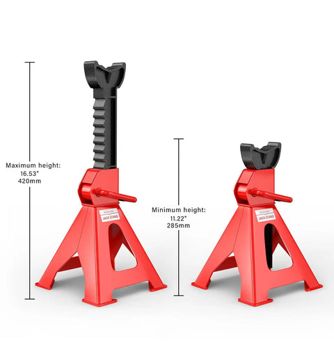 Heavy Duty Red Jack Stands Set 3 Ton Capacity 6000 Lbs Self Locking Ratchet Steel Pyramid Base Adjustable Height