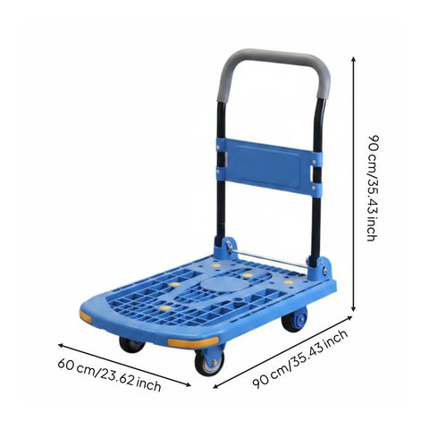 Foldable Cargo Cart Hand Truck With Smooth Steering Casters And Reinforced Frame Portable Trolley For Moving Boxes Blue 90 By 60 Cm Five Inch TPR Silent Wheels Beefy Built Folding Cart For Home Or Warehouse, blue foldable hand truck with 90x60 cm platform and handle