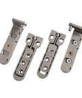 Built Different Heavy Duty Ball Bearing Door Hinges showing stainless steel finishes, concealed design, and pivot hardware for thick wood doors.