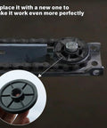 Heavy Duty Garage Door Idler Pulley Replacement For Chamberlain Liftmaster Square Rail Openers showing the pulley on a track.