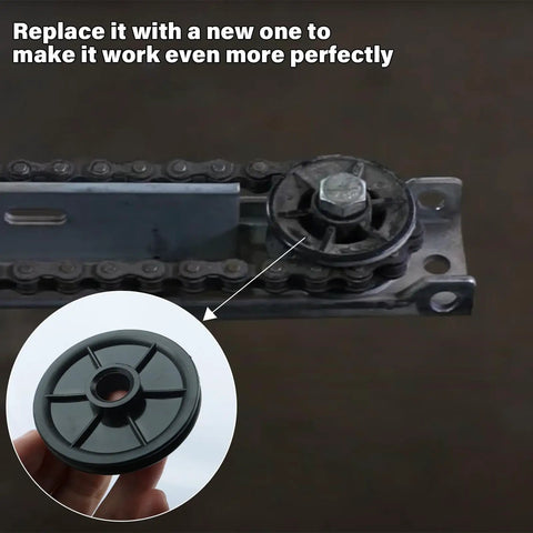 Heavy Duty Garage Door Idler Pulley Replacement For Chamberlain Liftmaster Square Rail Openers showing the pulley on a track.