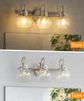 3 Bulb Brushed Nickel Wall Sconce With Clear Globe Glass Shade Totally Straight Fire Farmhouse Lighting Fixture For Bathroom Mirror And Kitchen E26 Socket Base Legit illuminated above a mirror