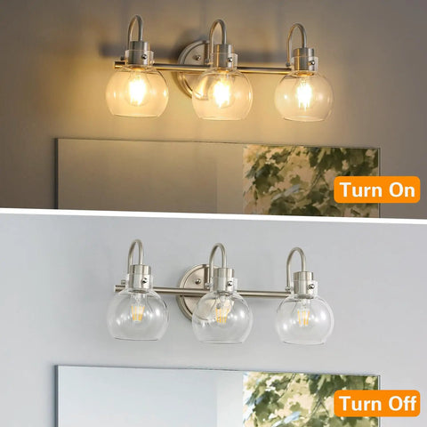 3 Bulb Brushed Nickel Wall Sconce With Clear Globe Glass Shade Totally Straight Fire Farmhouse Lighting Fixture For Bathroom Mirror And Kitchen E26 Socket Base Legit illuminated above a mirror