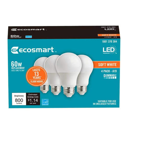 60W Equivalent Soft White A19 Dimmable LED Light Bulbs 800 Lumens Energy Star 2700K Warm Glow Lasting 15000 Hour Life 9.5W Replacement 4 Pack For Home