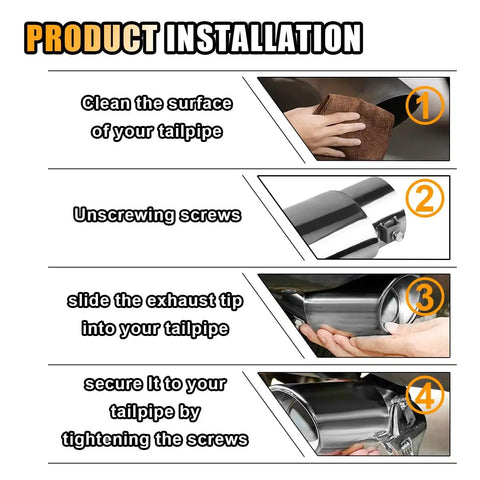 Installation steps for Dope Stainless Steel Exhaust Tip For Cars, 2.5 Inch Inlet, 3.3 Inch Outlet, showing cleaning and attachment process.