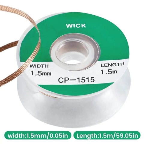 5 Ft Pro-Grade Copper Desoldering Wick With No Clean Design And 280C Melting Point on spool, size 1.5m x 1.5mm visible