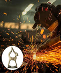 300 Amp T Style Brass Welding Ground Clamp For Rock Solid Grounding And Large Cable Connections 7 Inch Long With One And Three Quarter Inch Jaw Opening Durable Brass Construction Golden Finish depicted next to a welding scene.
