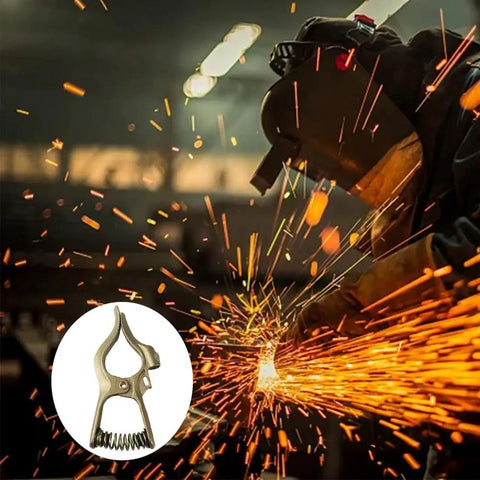300 Amp T Style Brass Welding Ground Clamp For Rock Solid Grounding And Large Cable Connections 7 Inch Long With One And Three Quarter Inch Jaw Opening Durable Brass Construction Golden Finish depicted next to a welding scene.