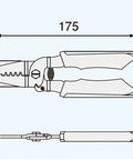 Technical diagram of Pro Grade Universal Connector Crimping Pliers 175mm Long Barrel Wing Type for AWG 26 to 18, Made in Japan