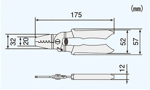 Technical diagram of Pro Grade Universal Connector Crimping Pliers 175mm Long Barrel Wing Type for AWG 26 to 18, Made in Japan