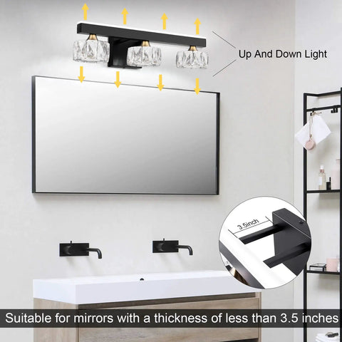 30 Inch Black And Gold Vanity Lights Over Mirror With 360 Degree Rotatable LED Sconces, Dimmable 14W, shown in bathroom