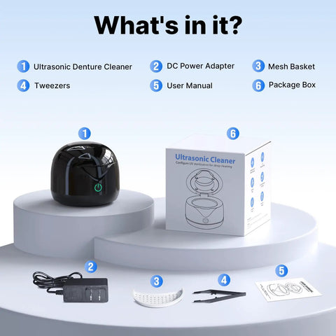 Ultrasonic Retainer Cleaner 45 KHz Deep Clean All In One Machine For Dentures Night Guards Braces Toothbrush Heads And Jewelry With 4 UV Lamps Odor Busting Dual Cleaning Modes Gloss Black Finish, with adapter, basket, tweezers, manual and box