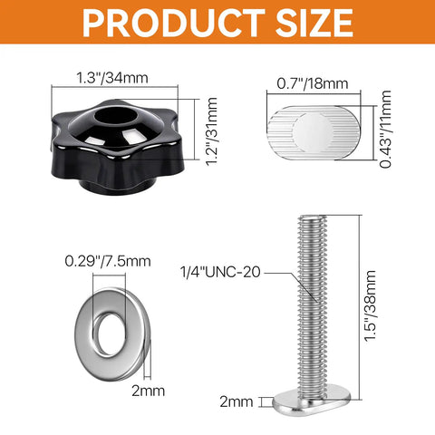 Twenty Piece One Quarter Inch Twenty T Track Knob Kit With Sixty T Slot Bolts Washers And Star Knobs for Woodworking - dimensions shown