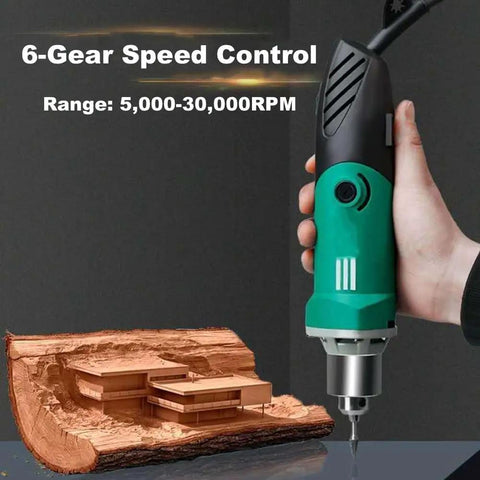 Reliable Workhorse Electric Die Grinder With 480W Motor And Six Step Variable Speed Dial Delivers A Clean 30000 Rpm showcased on wooden log.