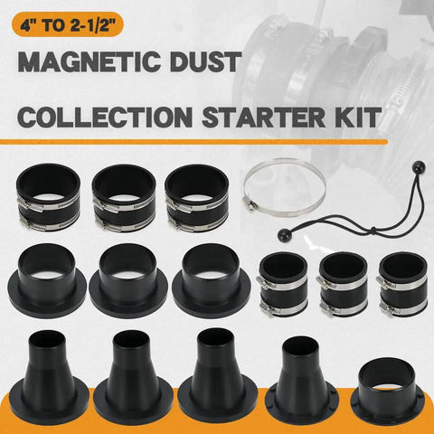 4 Inch And 2.5 Inch Magnetic Dust Collection Fittings Starter Kit For Shop Vac Hoses with black connectors and clamps
