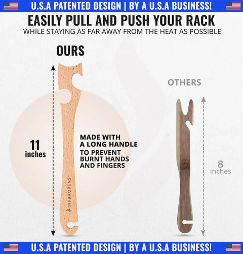 Long Handle Wooden Oven Rack Puller Stick For Small Kitchen Appliances Ideal For Convection Ovens And Toaster Ovens Air Fryer And Quick Rack Pulls No Oven Mitts Needed. 11-inch beech wood rack puller shown beside 8-inch version