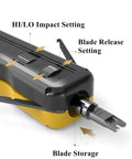 Close-up of a punchdown tool showing HI/LO impact and blade release settings, part of Pro Network Tool Kit For Cat6 Cat5e Cat5 With Pass Through RJ45 Crimp Tool Wire Tracker 110 88 Punchdown Tool Cat6 Pass Through Connectors Durable Carrying Case Great For DIY And Pro Ethernet Install.