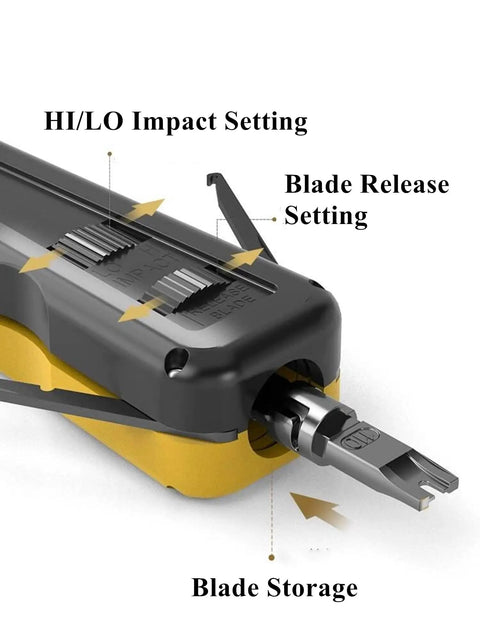 Close-up of a punchdown tool showing HI/LO impact and blade release settings, part of Pro Network Tool Kit For Cat6 Cat5e Cat5 With Pass Through RJ45 Crimp Tool Wire Tracker 110 88 Punchdown Tool Cat6 Pass Through Connectors Durable Carrying Case Great For DIY And Pro Ethernet Install.
