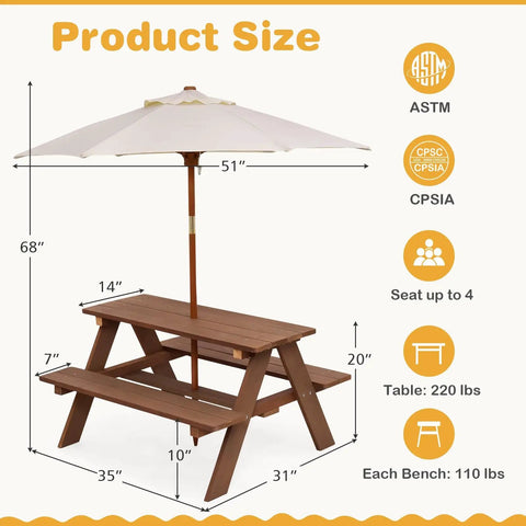 Outdoor Wooden Kids Picnic Table With Removable Umbrella Foldable Bench Set For Backyards And Patios Toddler Friendly