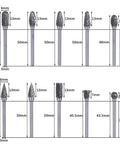 Front view diagram of Double Cut Carbide Rotary Burr Set, 10 pcs, 1/8 in shank, 1/4 in head length, tungsten steel