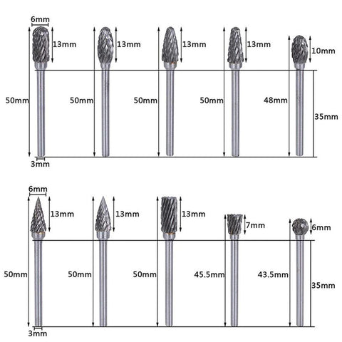 Front view diagram of Double Cut Carbide Rotary Burr Set, 10 pcs, 1/8 in shank, 1/4 in head length, tungsten steel